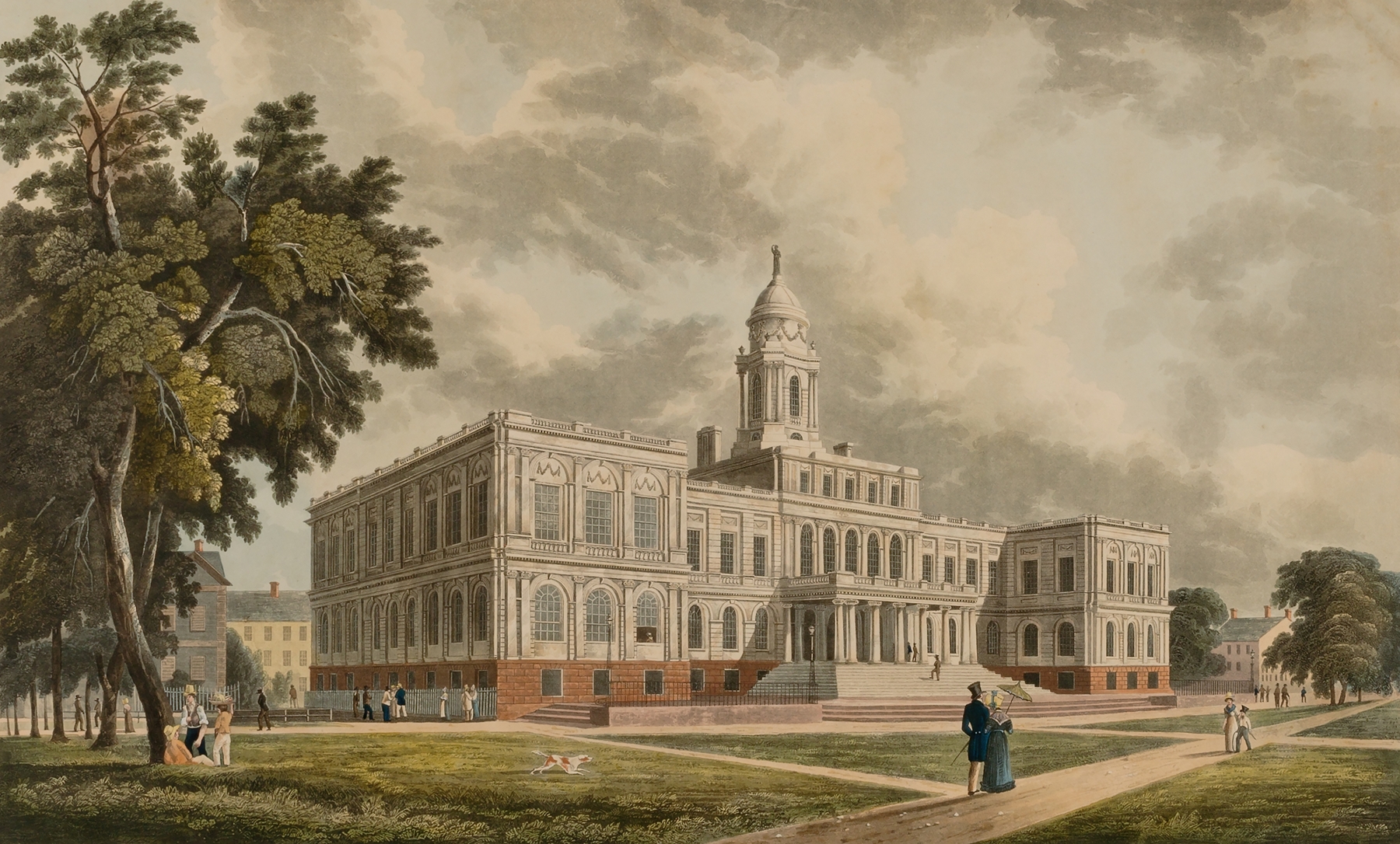 Engraving of City Hall by John Hill, featuring towering spires and a vast sky.