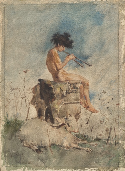 A captivating depiction of Pan playing his pipes in a lush landscape.