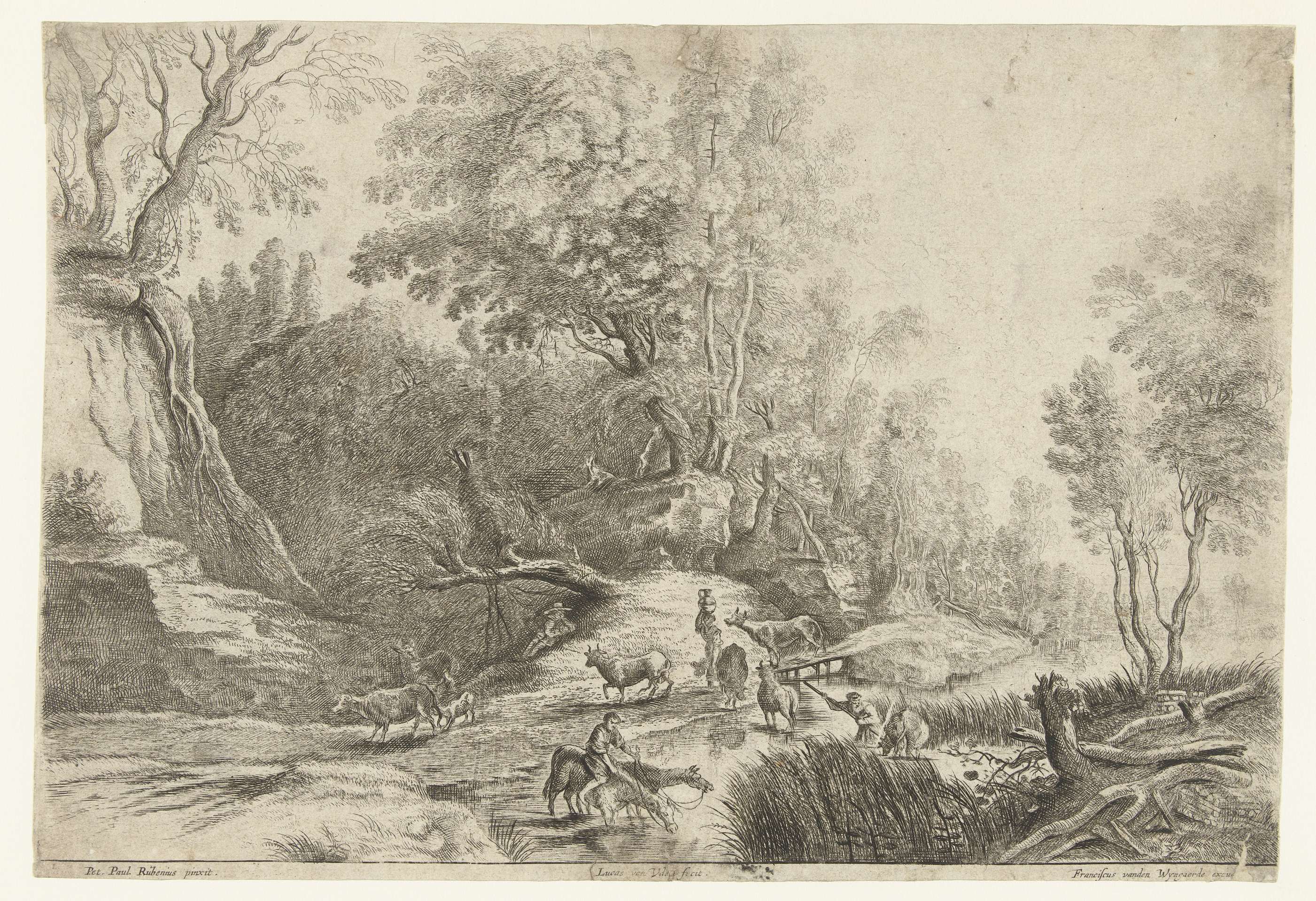 Landscape with horses and cows at a drinking place, etching by Lucas van Uden