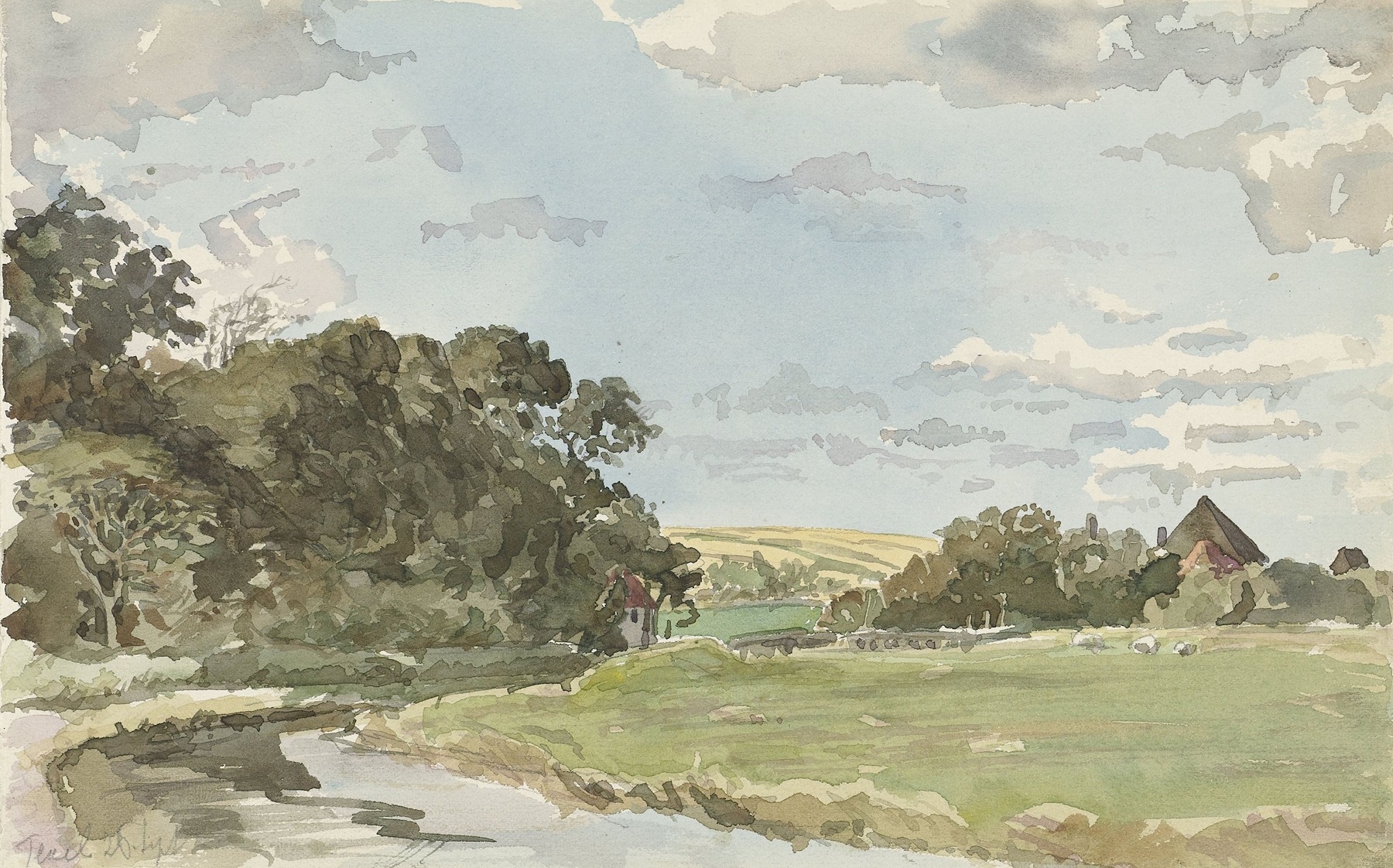Landschap op Texel, oil on canvas by Jan Hoynck van Papendrecht, depicting a serene landscape with golden light.