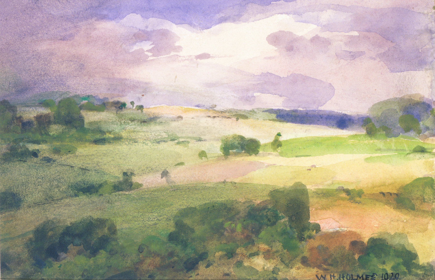 The Maryland Fields by William Henry Holmes, oil on canvas depicting golden wheat and sunlight.