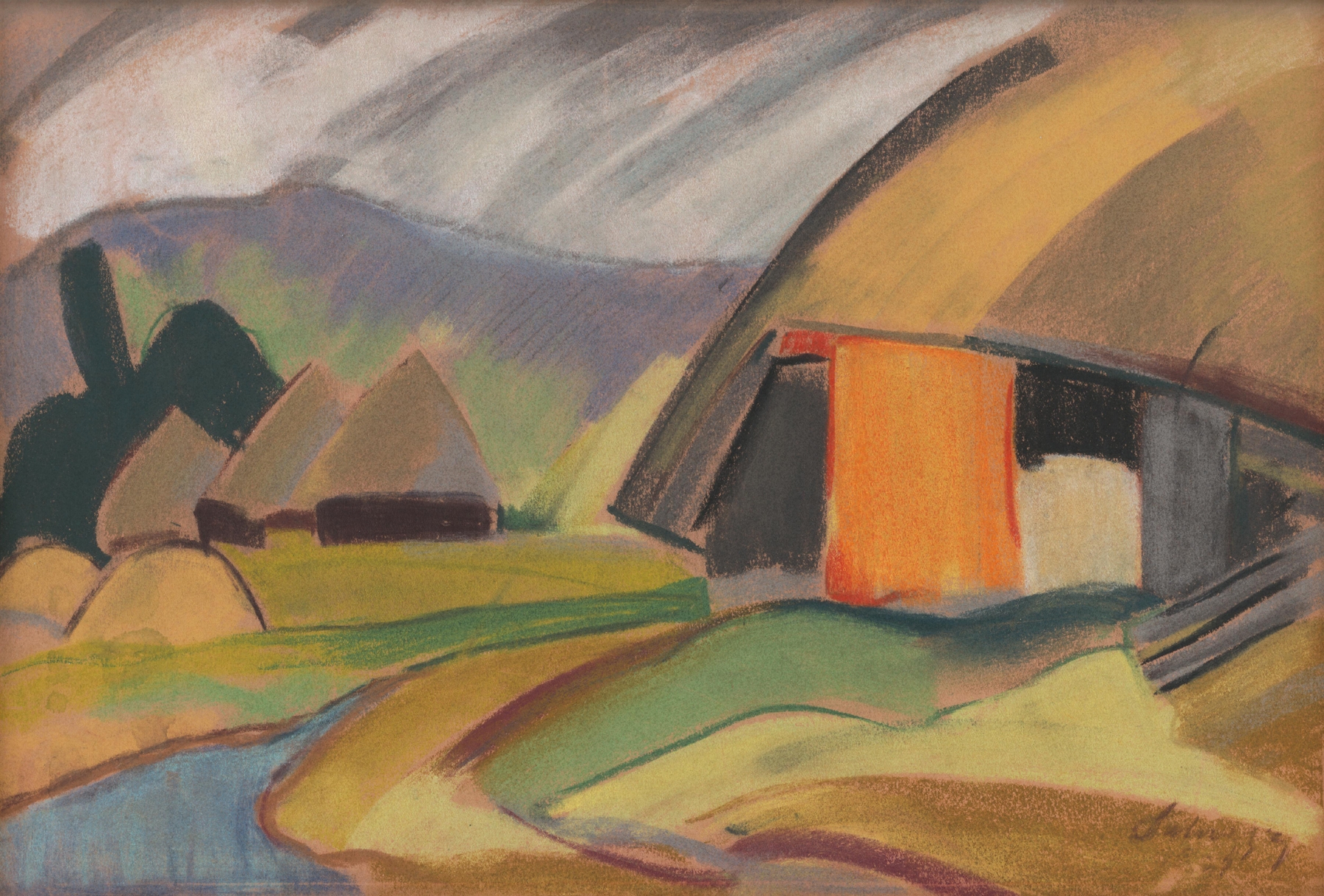 Landscape oil painting by Zolo Palugyay depicting a village with gentle hues and soft light.