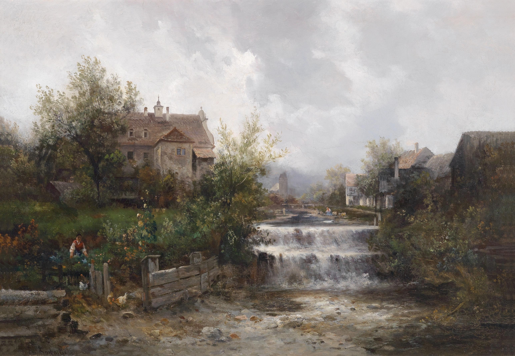 Landscape oil painting by Emil Barbarini featuring a village by a river and forest.