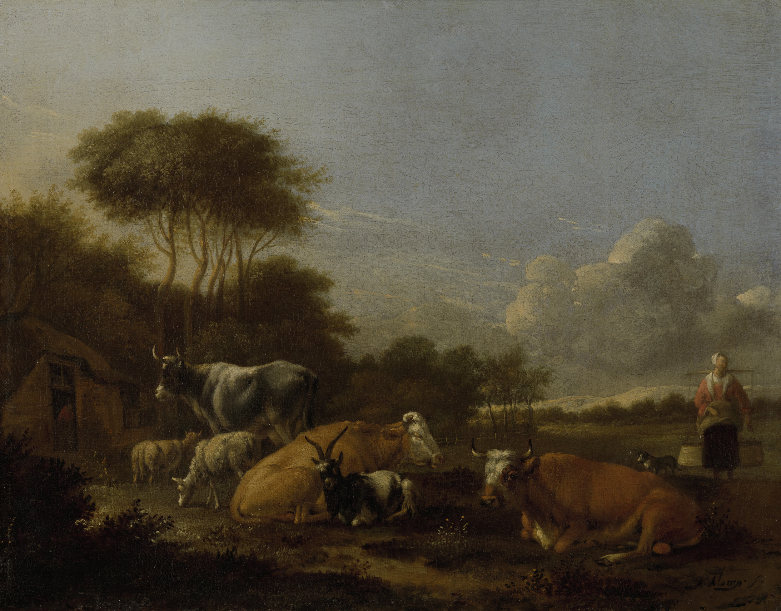 Landscape with Cattle, oil on canvas by Albert Jansz Klomp, depicting grazing cattle and rolling hills.