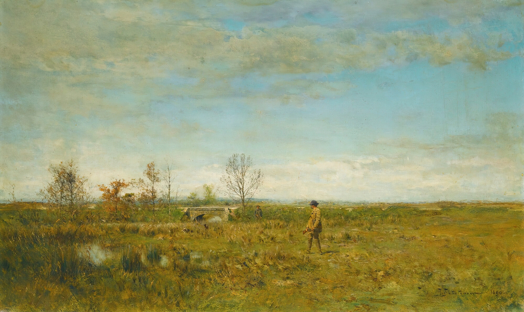 Hunters in a forest landscape, oil painting by Ivan Pavlovich Pokhitonov