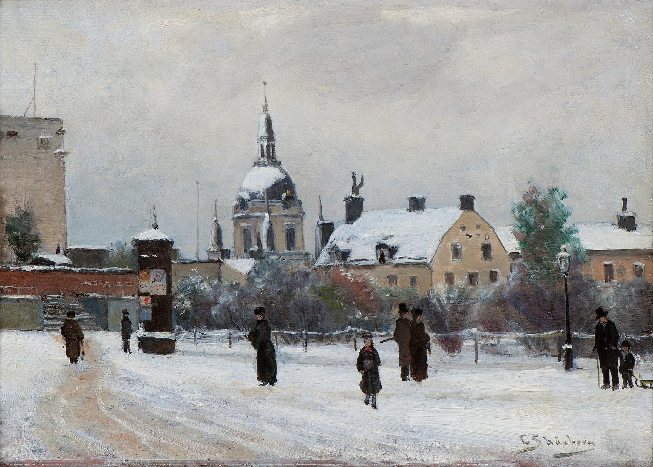 Mosebacke Square by Carl Skånberg, oil on canvas depicting a cobblestone path and trees.