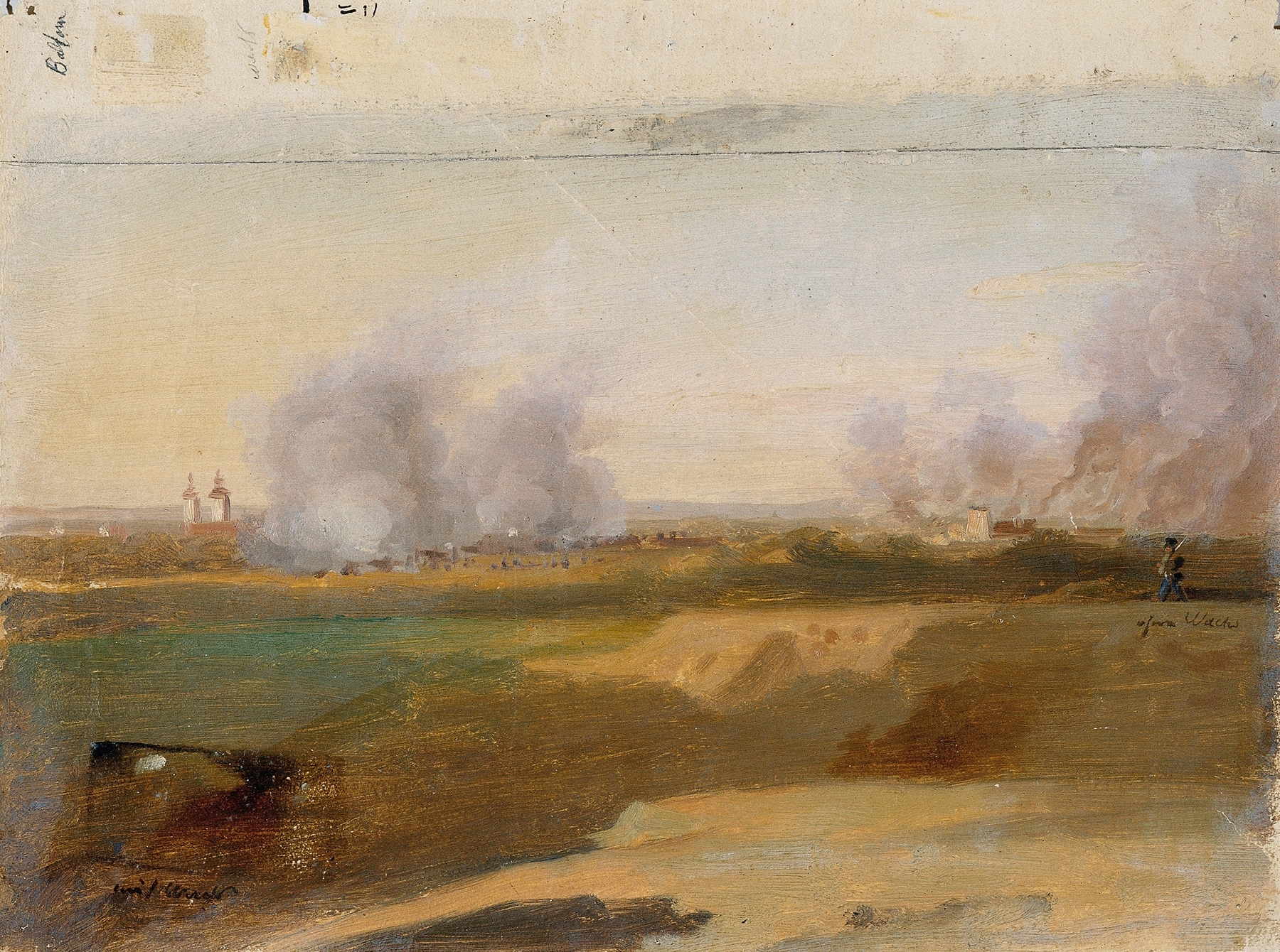 Landscape with burning villages in the background, oil painting by Johann Peter Krafft