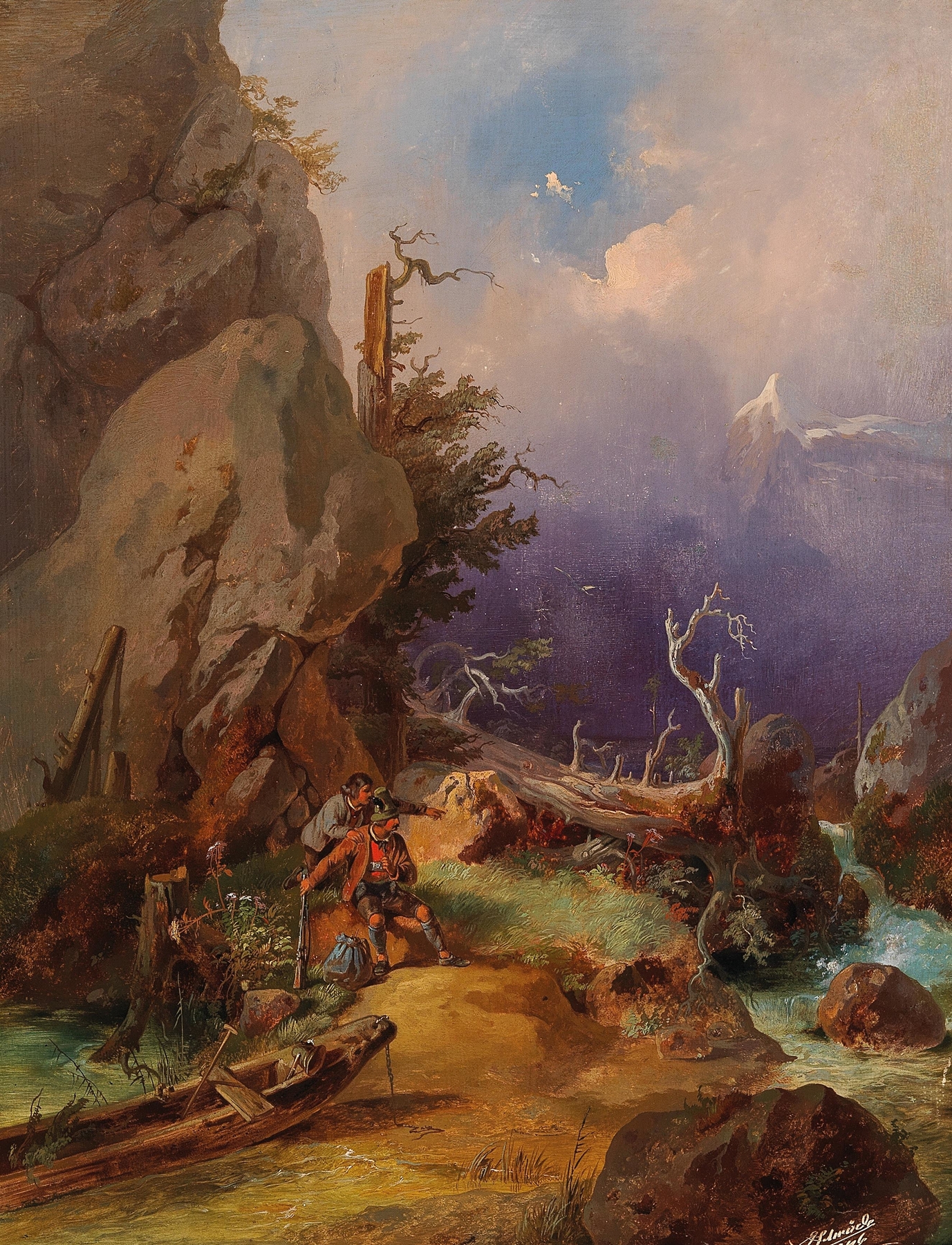 Hunters Resting, oil painting by Anton Schrödl, depicting two hunters resting in a lush woodland.