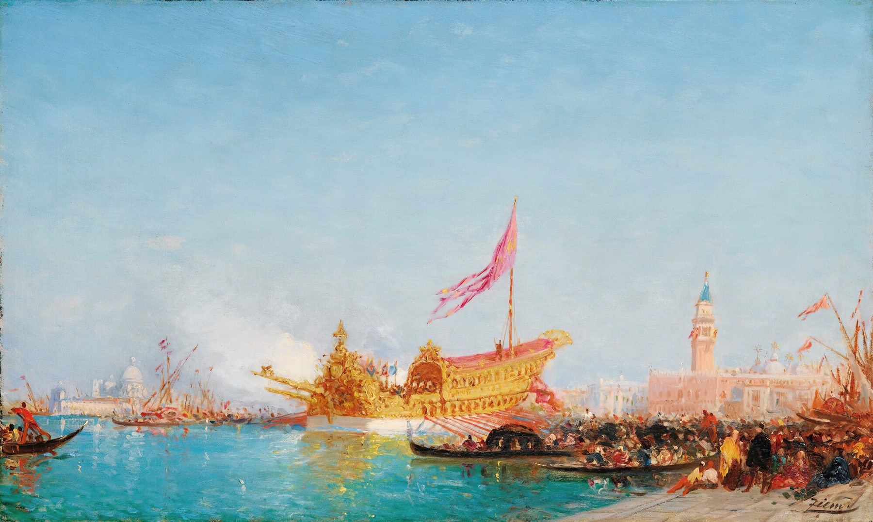 Marine scene depicting Le Bucentaure by Félix Ziem, oil painting