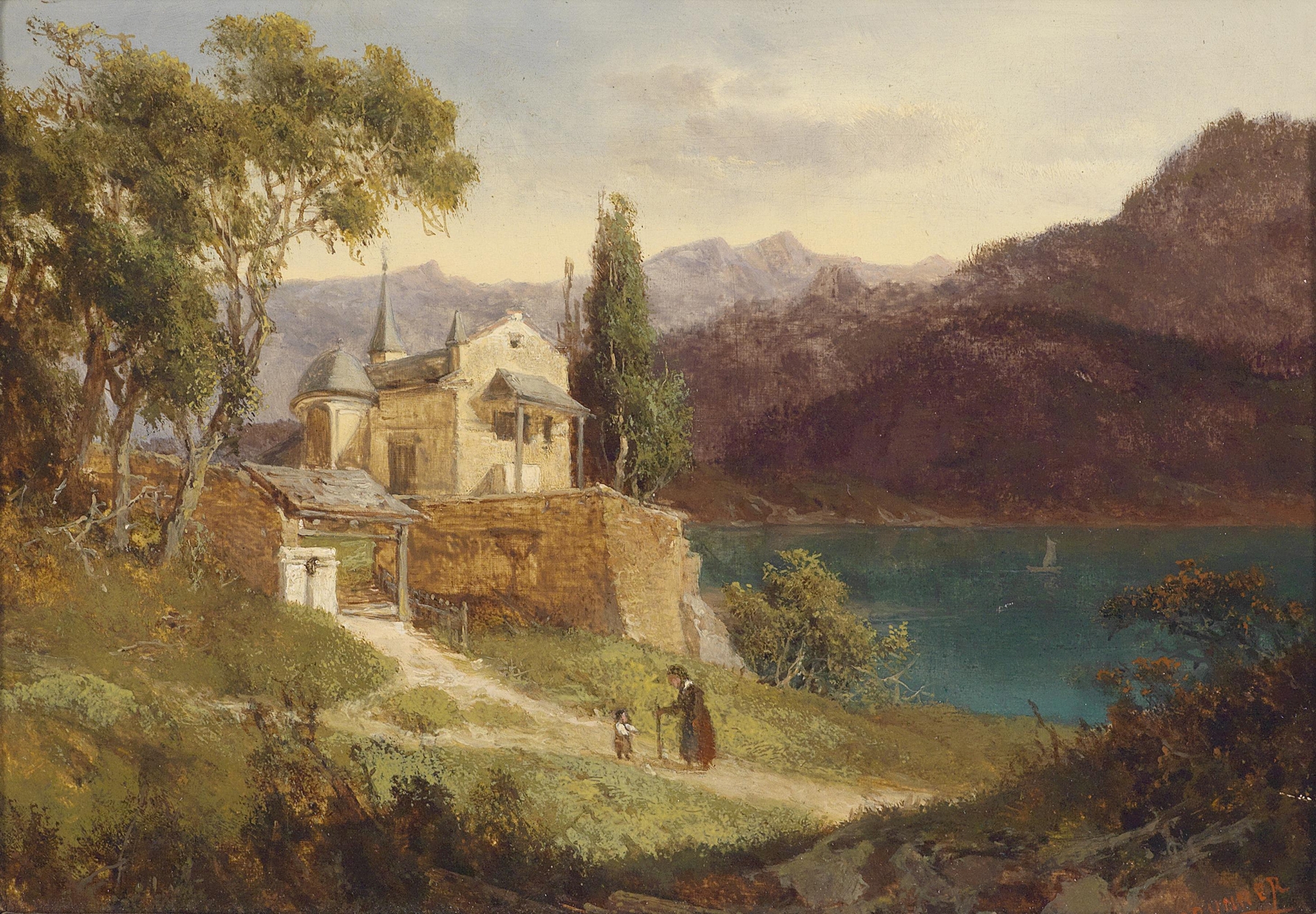 Landscape featuring a lake with reflections, by Joseph Brunner