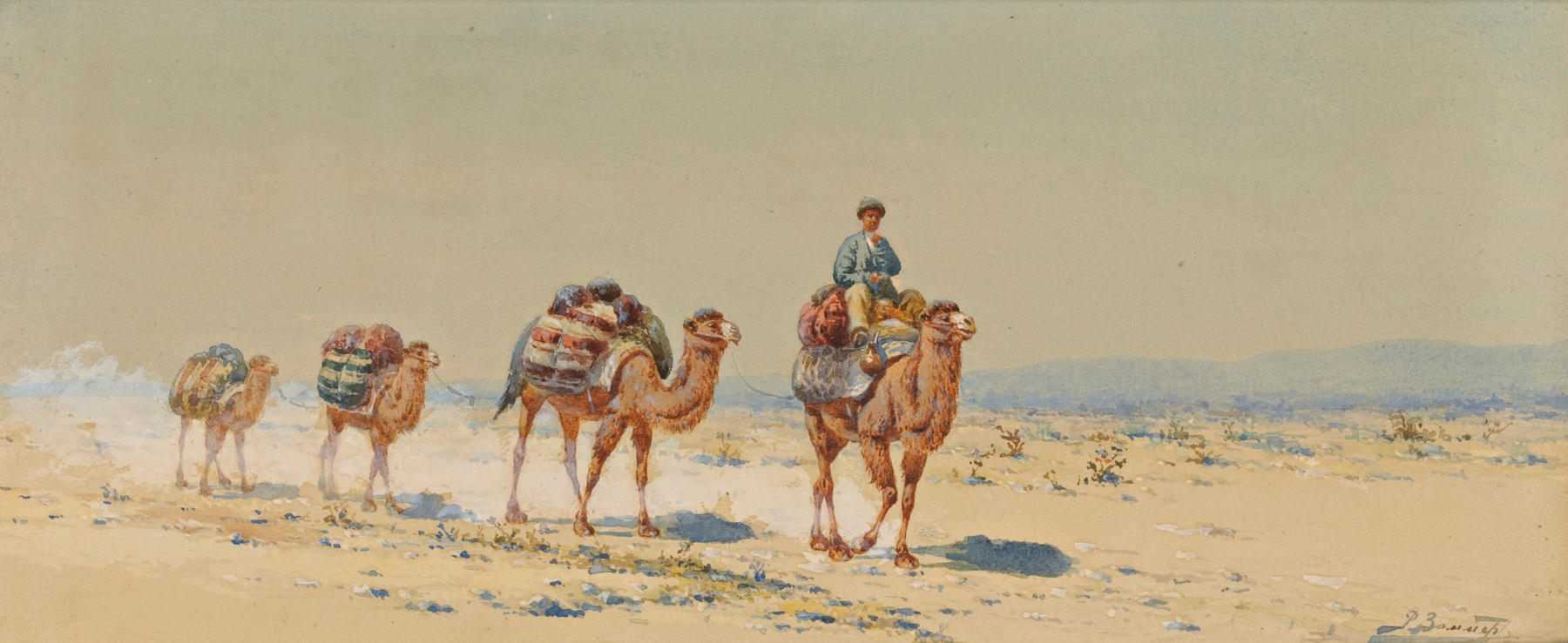 Desert Caravan by Richard Karlovich Zommer, depicting camels against a sunset in an unknown medium.