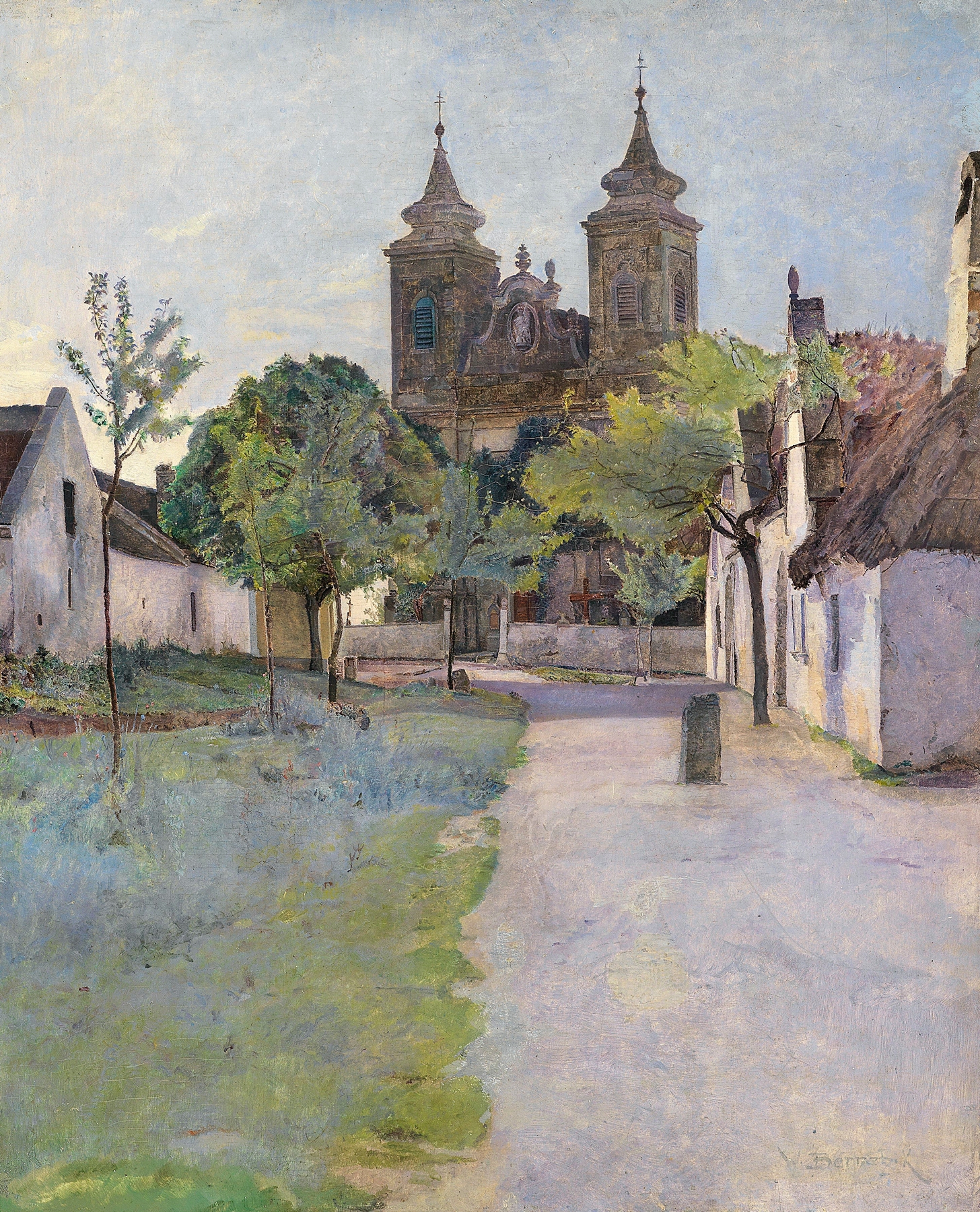 Blick auf einen Kirchenvorplatz by Wilhelm Bernatzik, oil on canvas depicting a quaint church and cobblestones.
