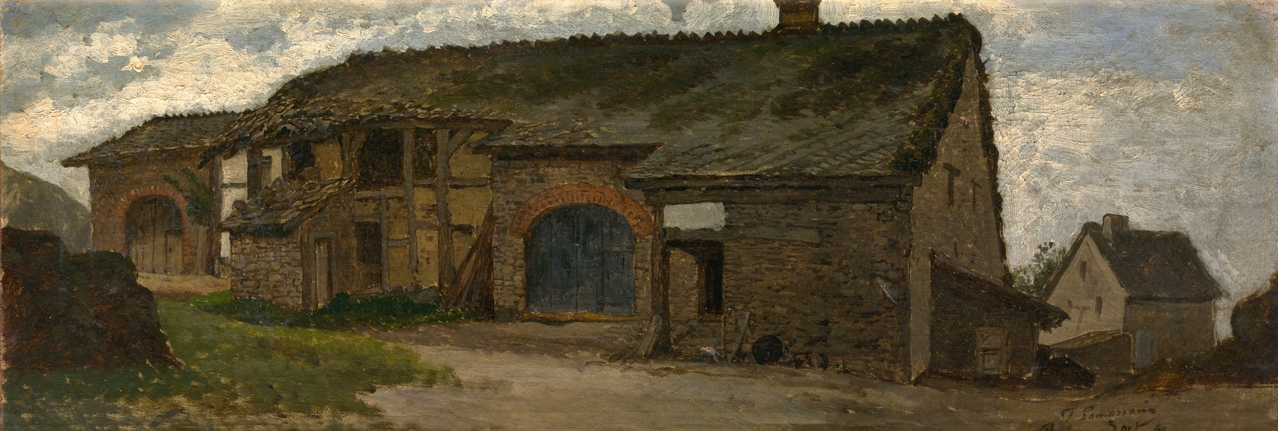 Farm in Rahier by Jean Pierre François Lamorinière, oil on canvas, depicting a farmhouse and tranquil countryside.