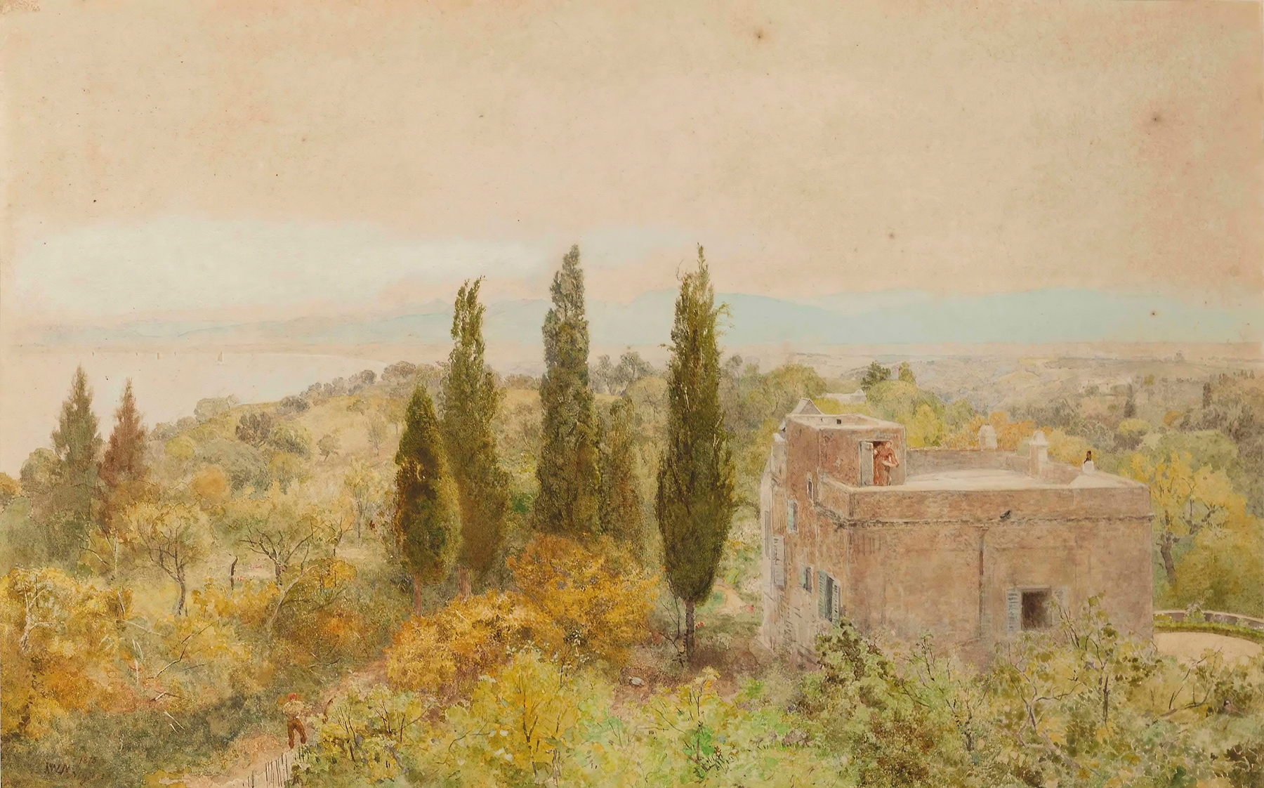 Landscape oil painting by John William North depicting a rustic house under a vast sky