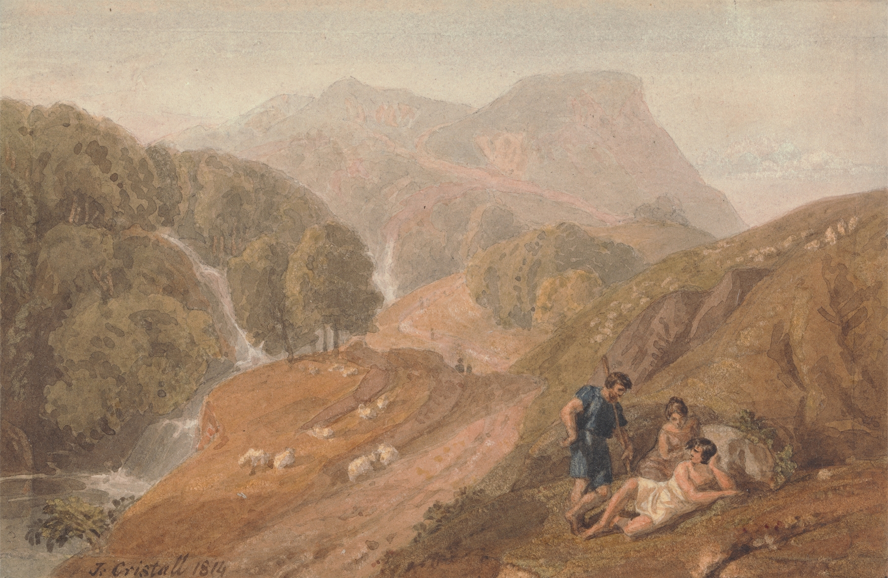 Arcadian Landscape with Shepherds by Joshua Cristall, oil painting depicting a serene landscape.