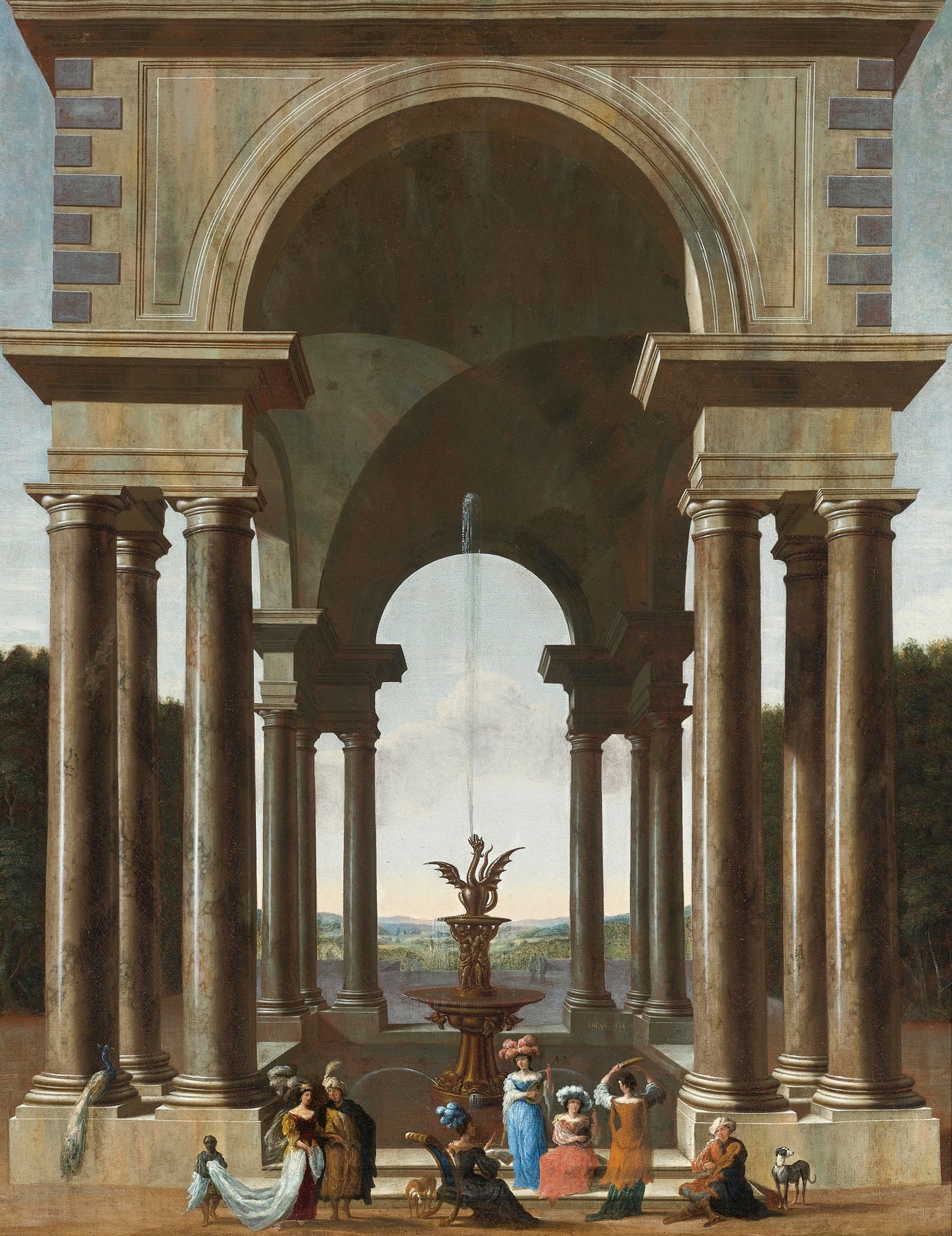 A Classical Portico With An Elegant Company Gathered By A Fountain, oil on canvas by Jacob Ferdinand Saeys