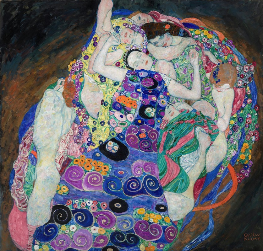 Gustav Klimt's 'The Maiden' features a young woman adorned with intricate patterns.