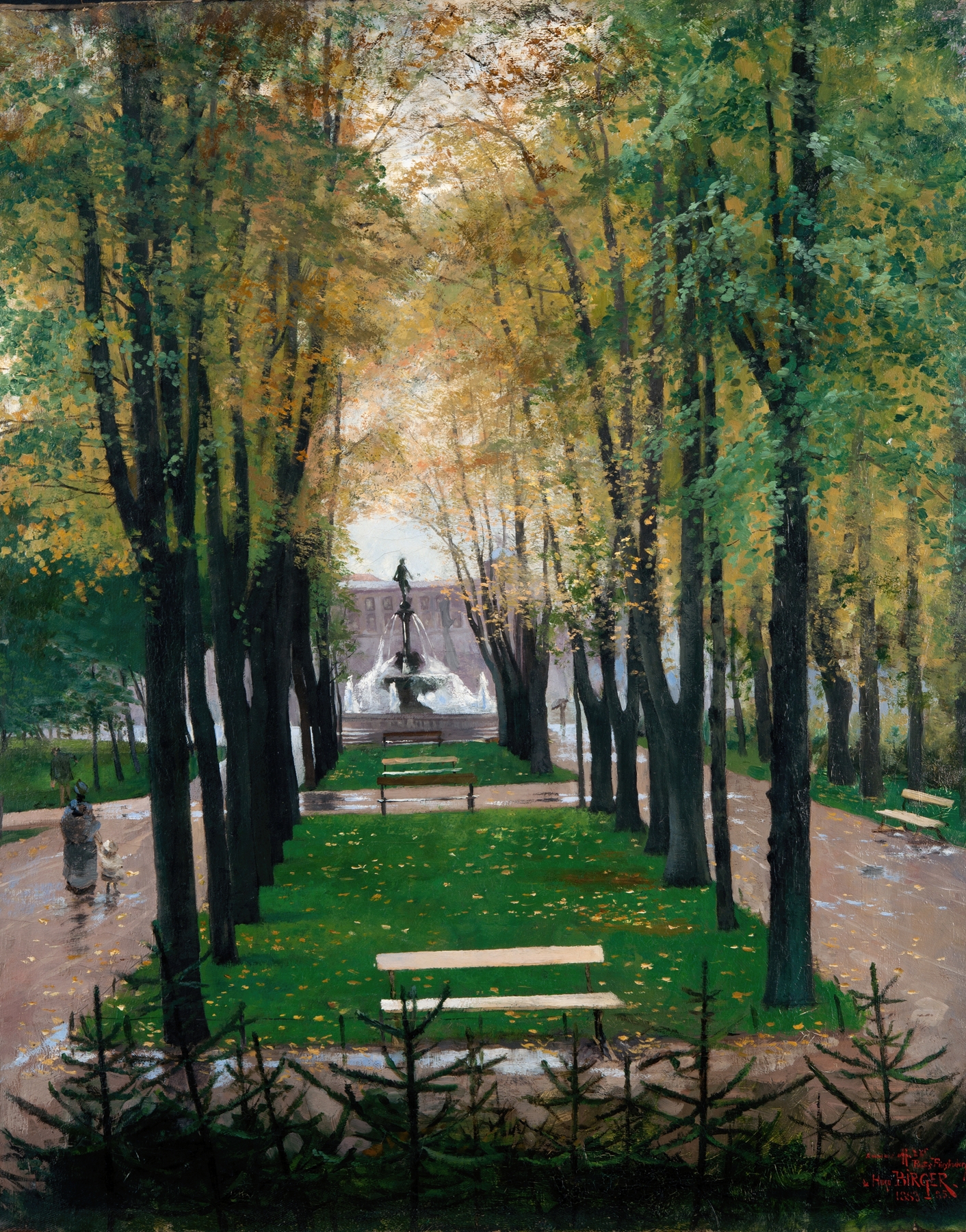 Interior scene of the Fürstenberg Gallery with golden light, oil on canvas by Hugo Birger