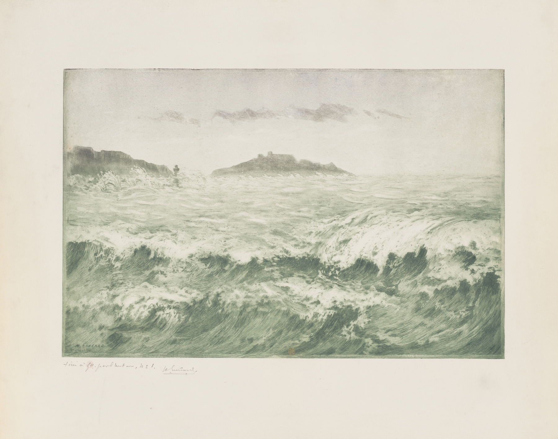 La Vague, Marseille by Henri-Charles Guérard, etching depicting crashing waves and rocky shore