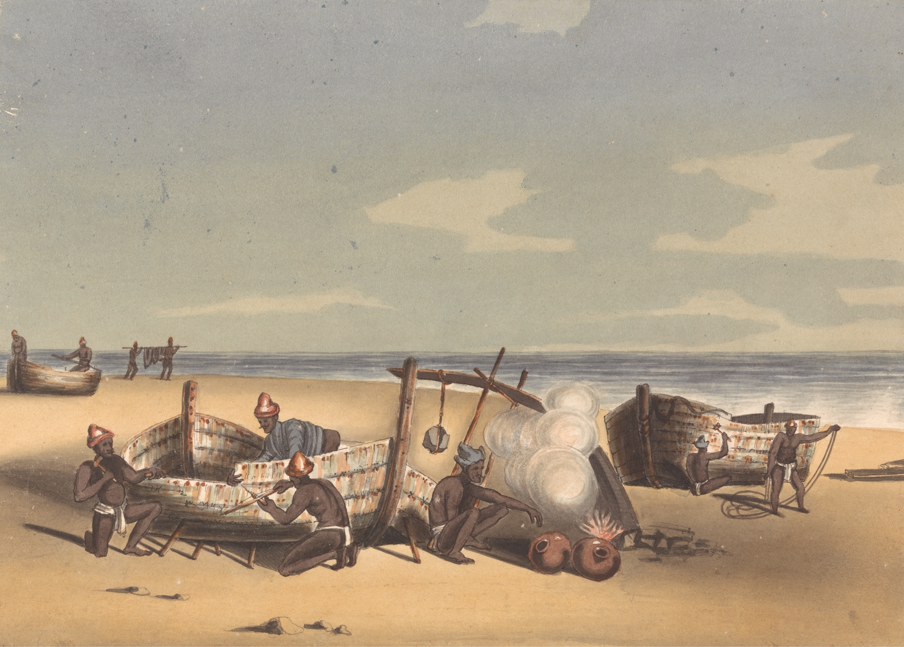 Building and Repairing Masoola Boats by John Gantz, oil painting depicting boat craftsmanship.