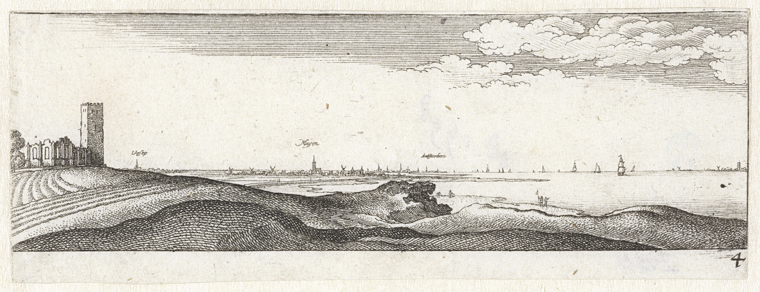 Zuiderzee met gezicht op Amsterdam, Weesp en Muiden, etching by Wenceslaus Hollar