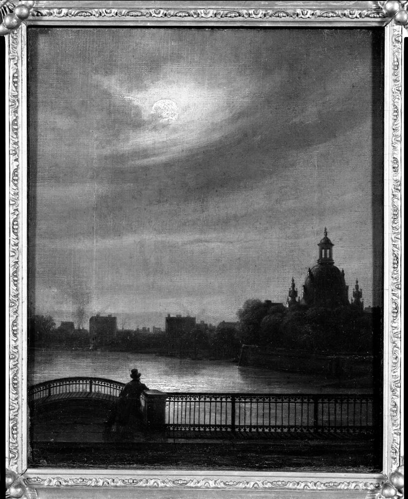 View from the Augustus-Brücke in Moonlight, by Johannes Christian Clausen Dahl, public domain