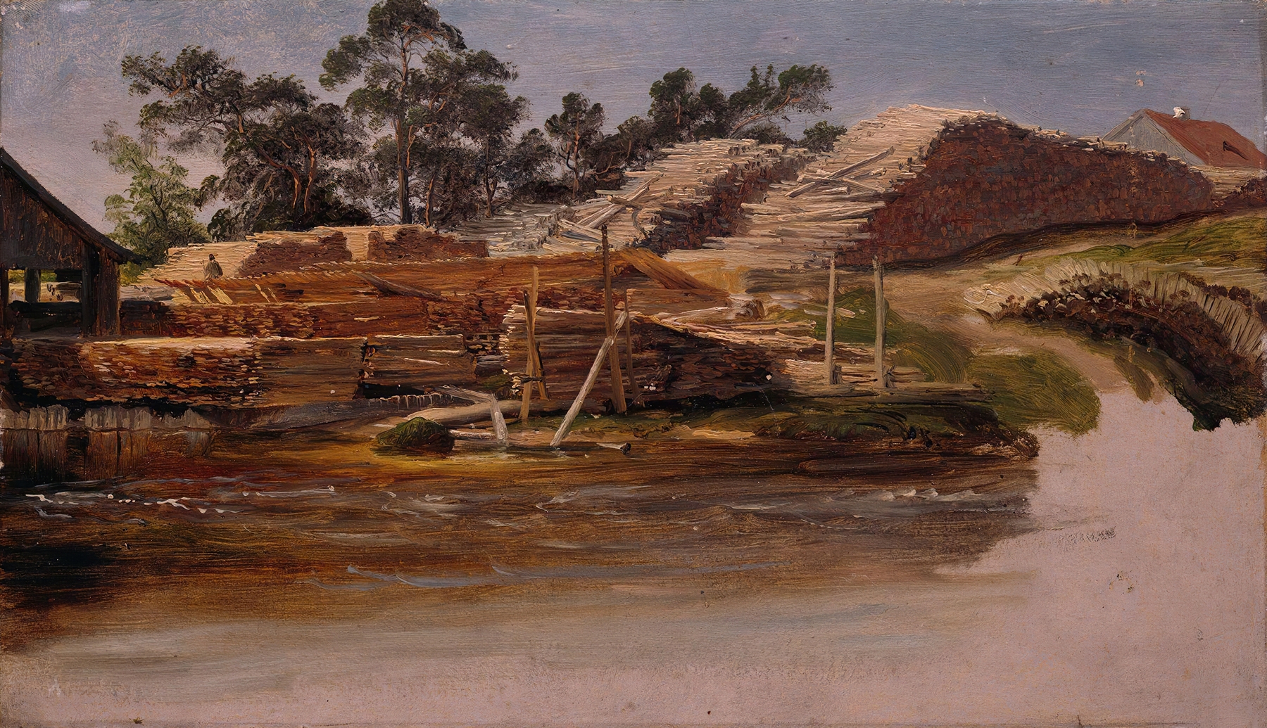 Timber Yard by Thomas Fearnley, oil painting depicting a timber yard with towering stacks and shadows.