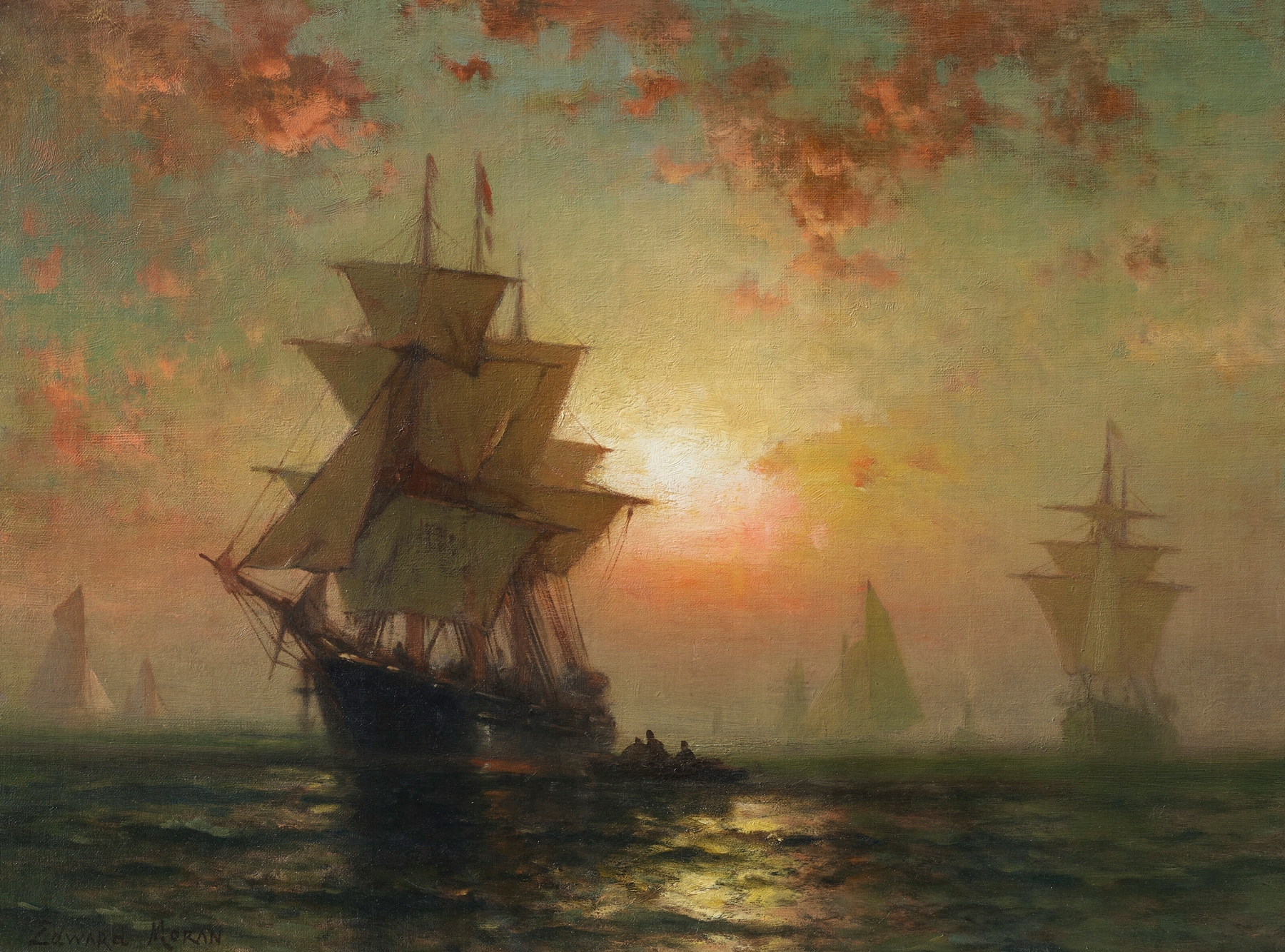 Ships at Night, by Edward Moran, public domain