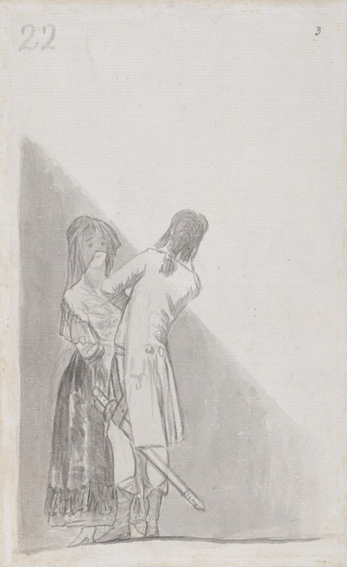 This painting depicts a woman and an officer in a romantic setting.