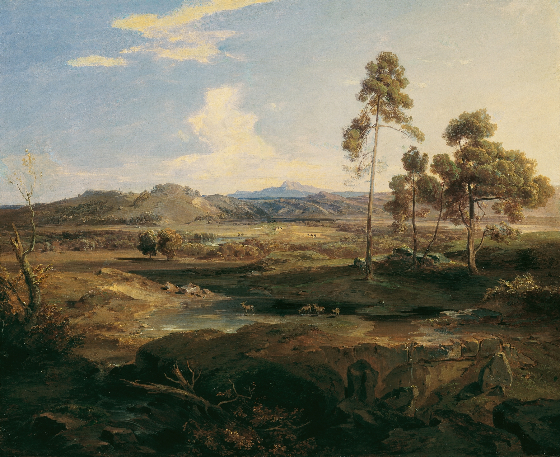 Landscape with hills and a colorful sky by Carl Rottmann, oil painting