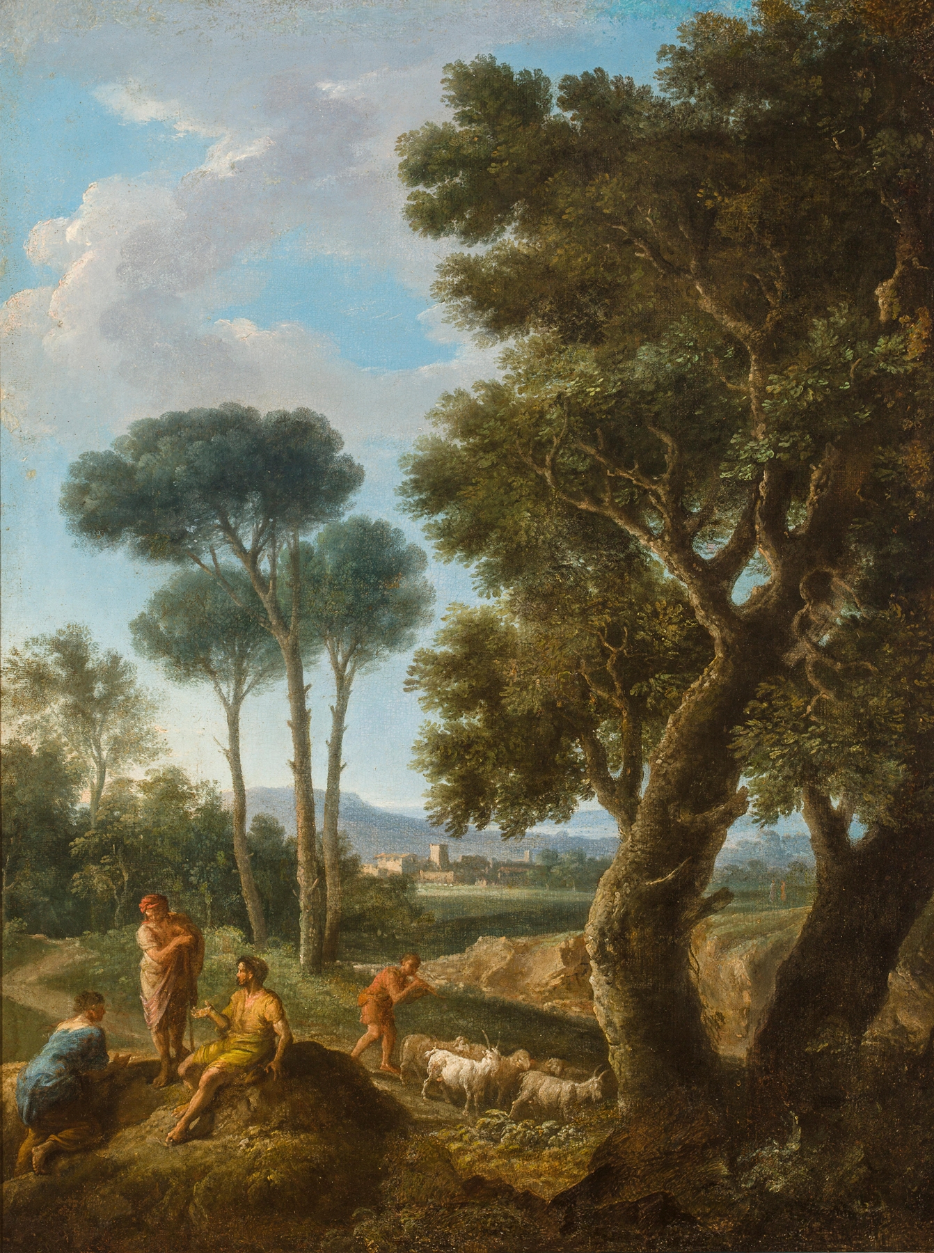 Goat herders in an Italianate landscape, oil painting by Andrea Locatelli