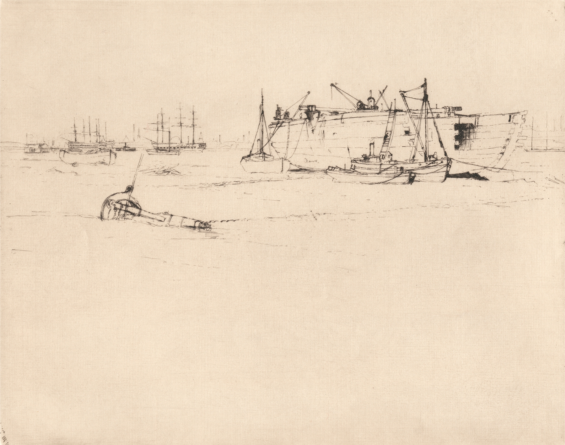 Etching by Sir Frank Short depicting the wreck of the Great Eastern in the ocean.
