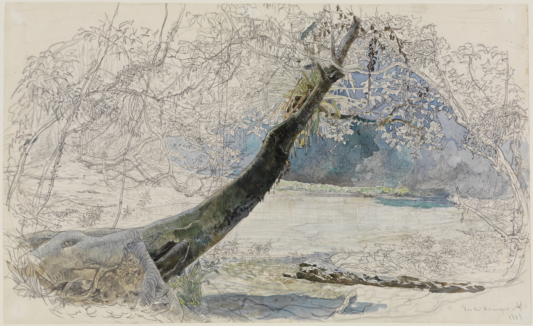 Landschaft am Seeufer by Ferdinand Keller, oil on canvas depicting a serene lake landscape