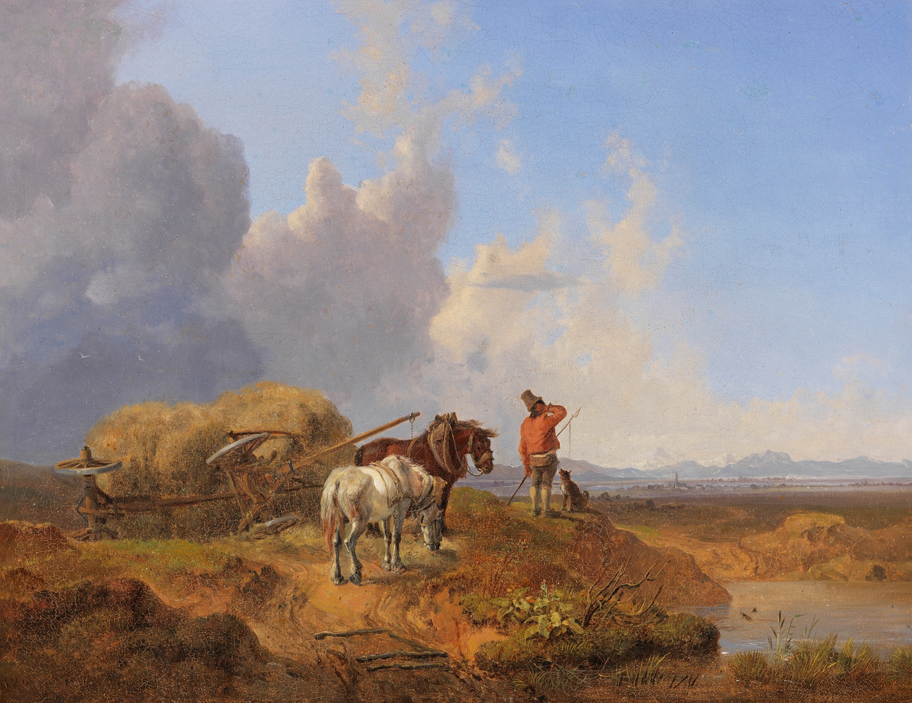 oil painting by Heinrich Bürkel depicting an overturned cart in a lush landscape