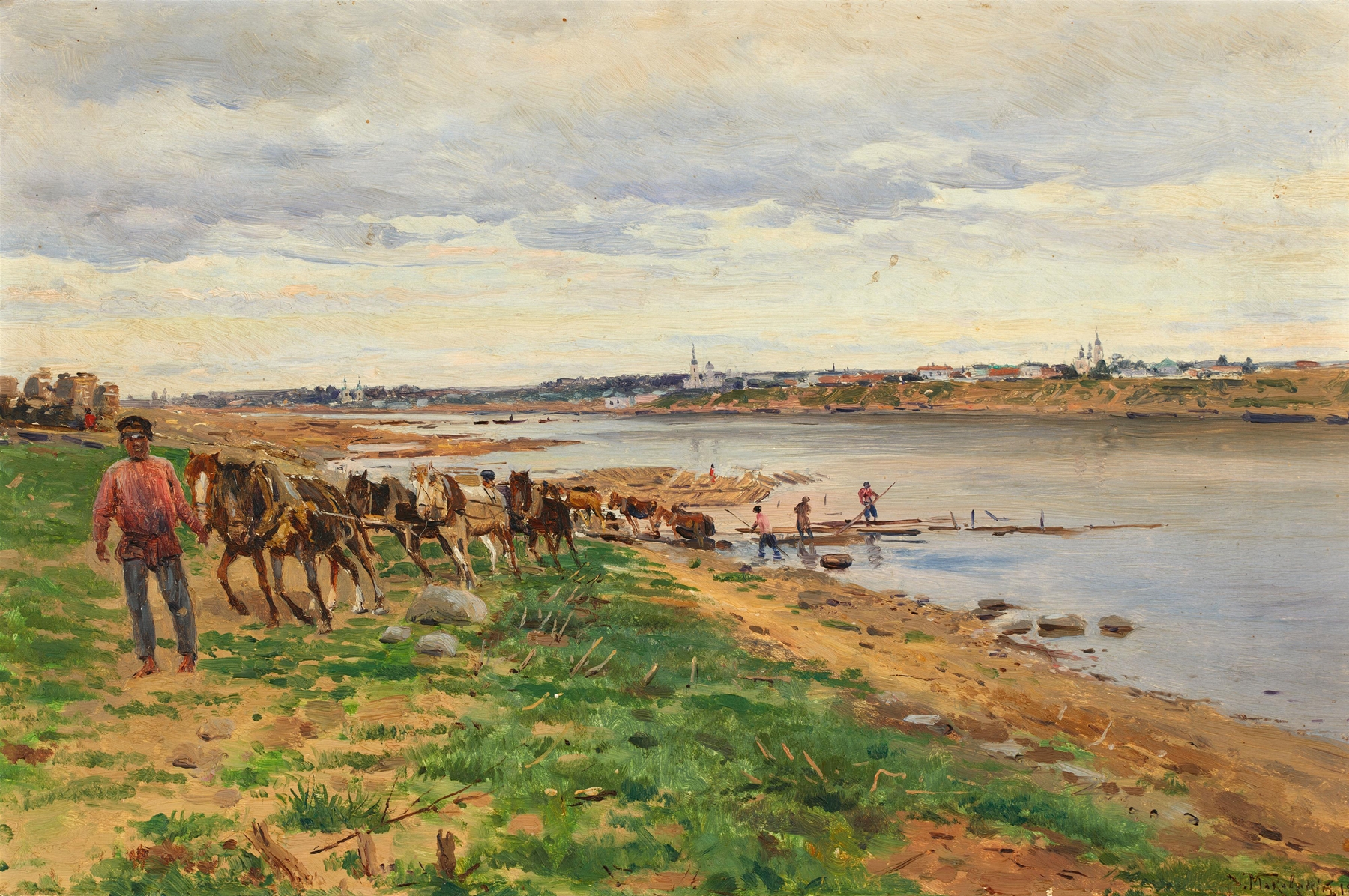 Woodworkers with horses on the banks of the Volga, oil painting by Vladimir Egorovich Makovsky