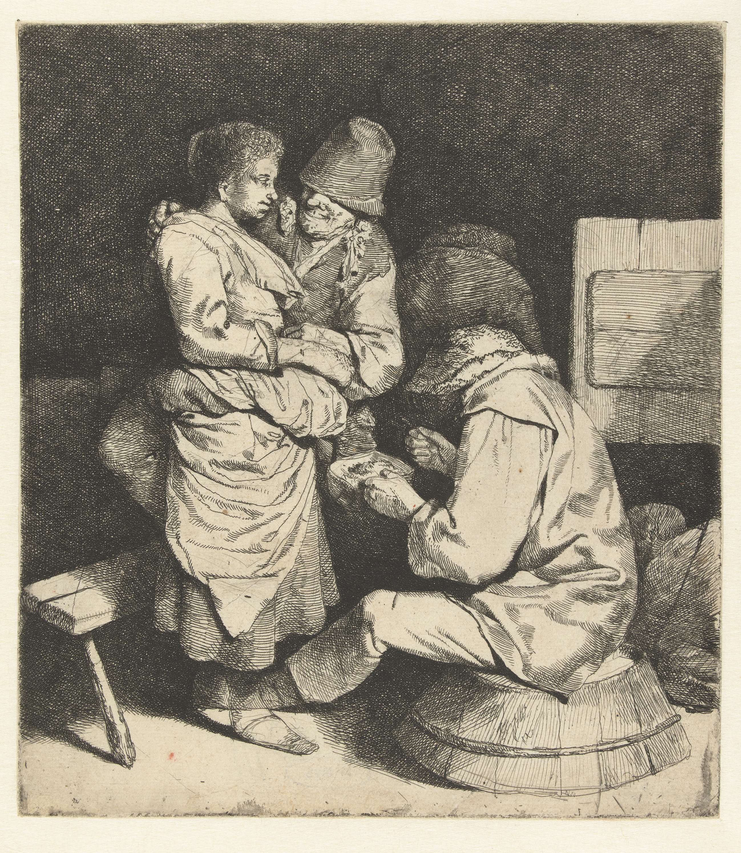 Vrouw vastgepakt door man, andere man zit te eten in herberg, by Cornelis Pietersz. Bega, public domain