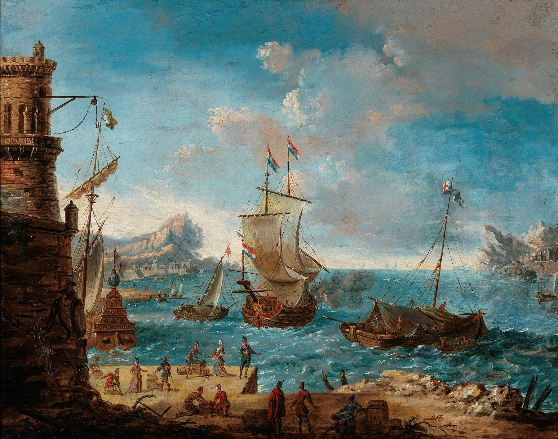 Coastal landscape with figures conversing, ships in the background, by Lodovico Mattioli, oil painting.