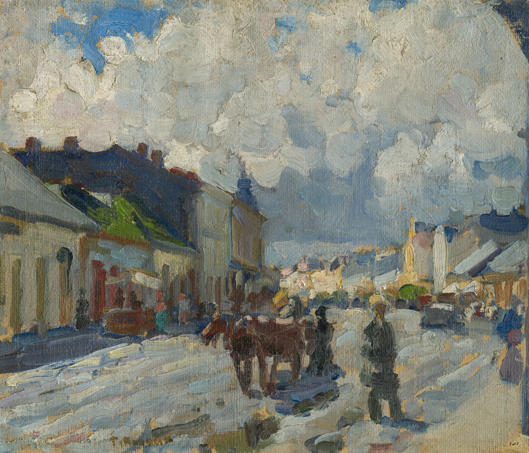 Genre scene depicting a bustling street in Michalovciach, oil painting by Jozef Teodor Mousson