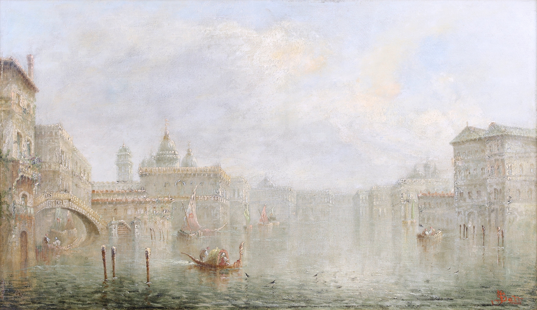 A Venetian Capriccio by James Salt, oil on canvas depicting canals and reflections.