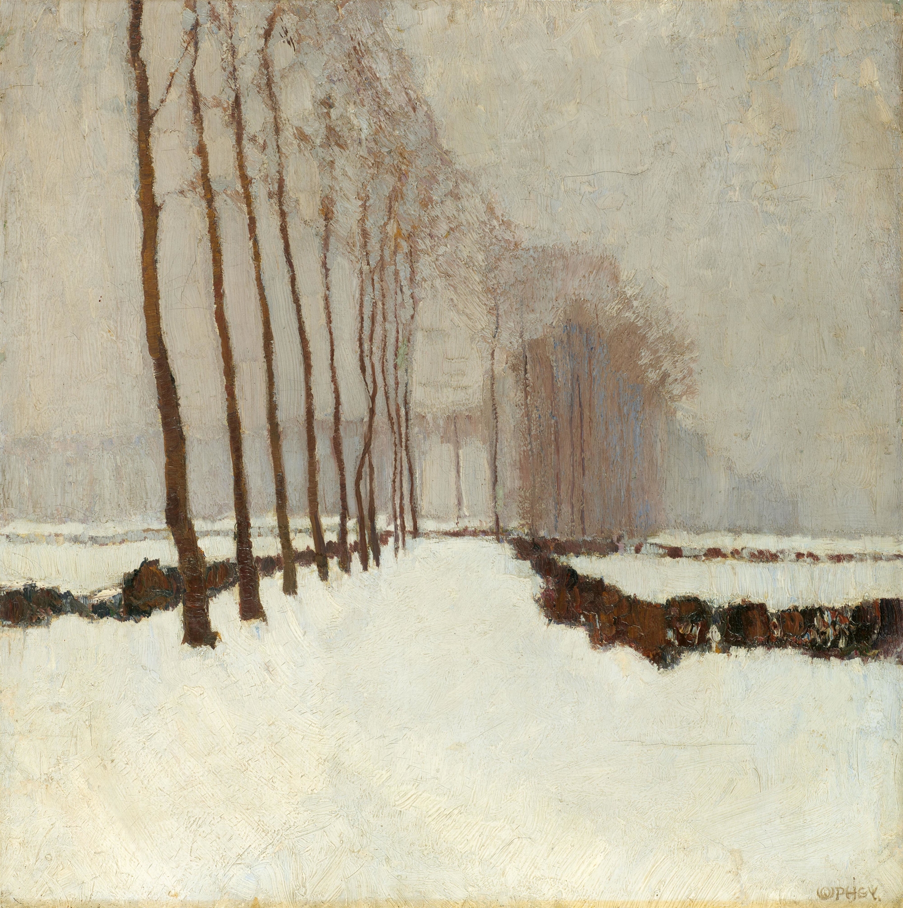 Expressionist landscape of poplar trees in winter by Walter Ophey