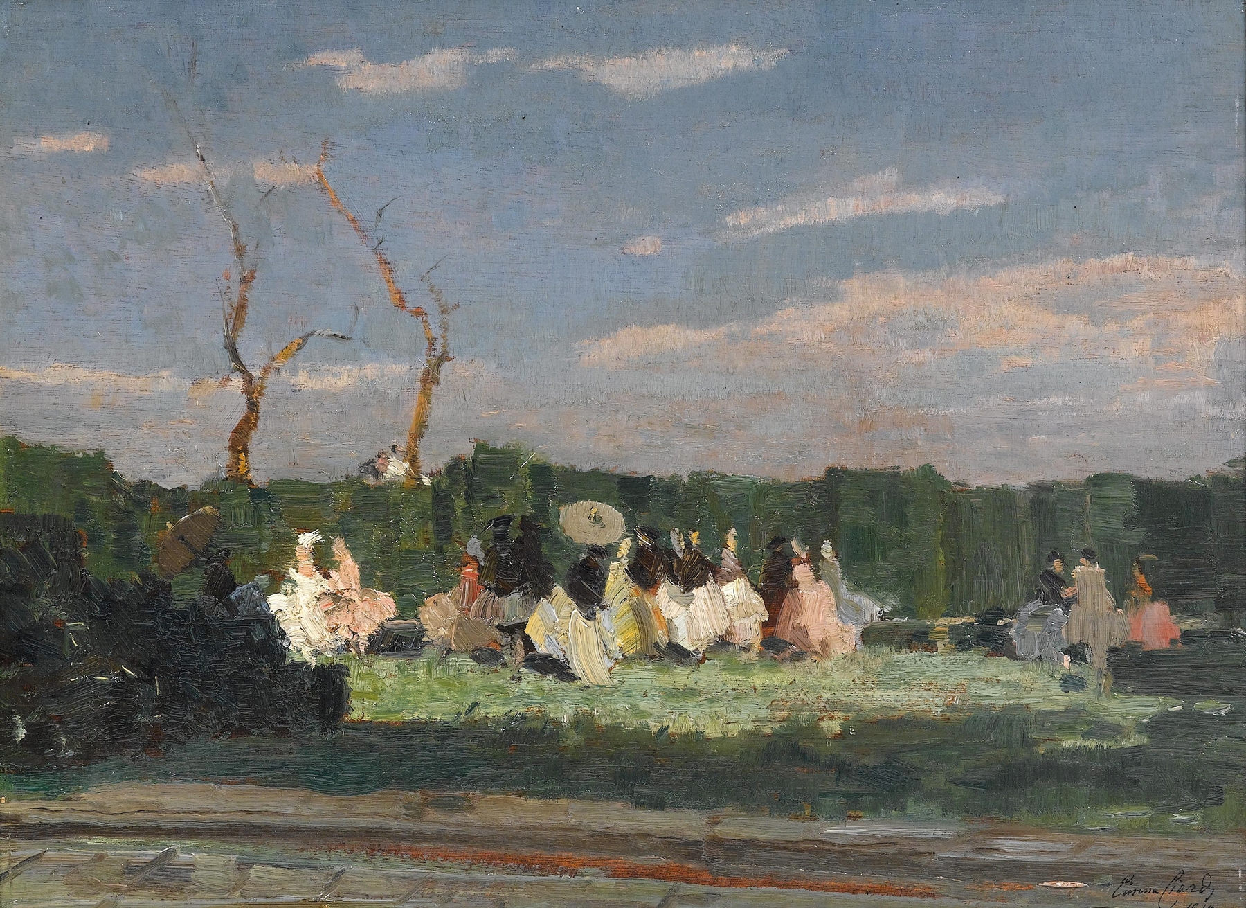 Genre scene with elegantly dressed figures in a garden, oil painting by Emma Ciardi