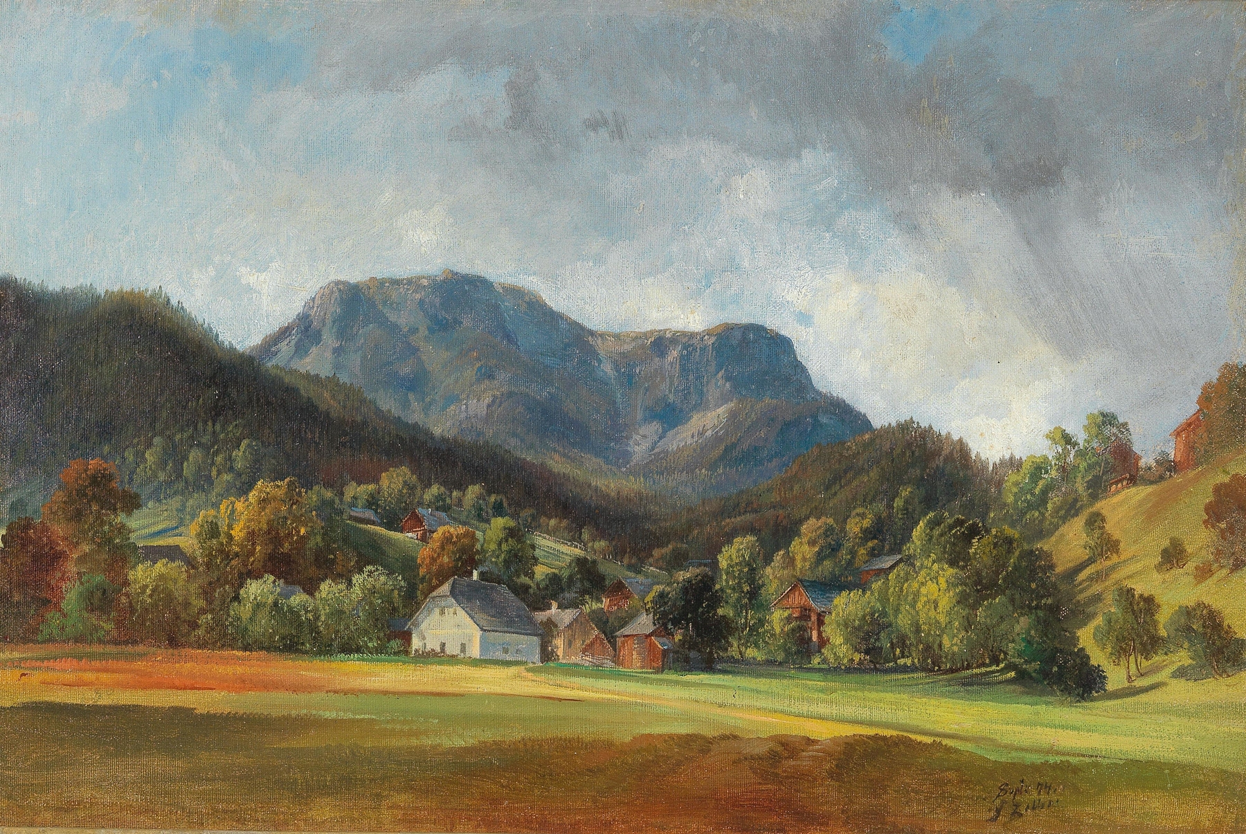 Reflection of Sandling mountain on lake, oil on canvas by Friedrich Zeller