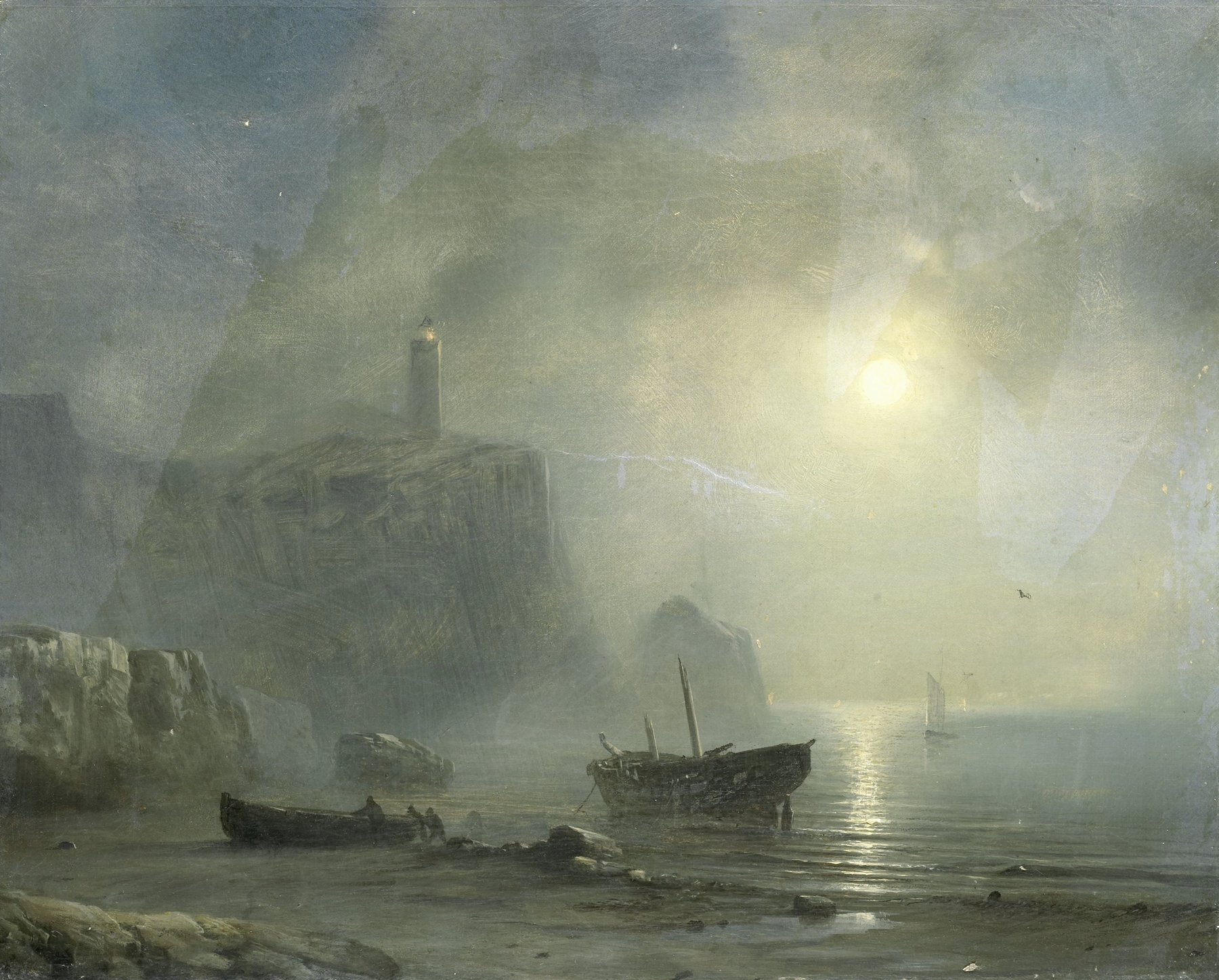 Moonlit rocky coast with shimmering waves, oil painting by Théodore Gudin