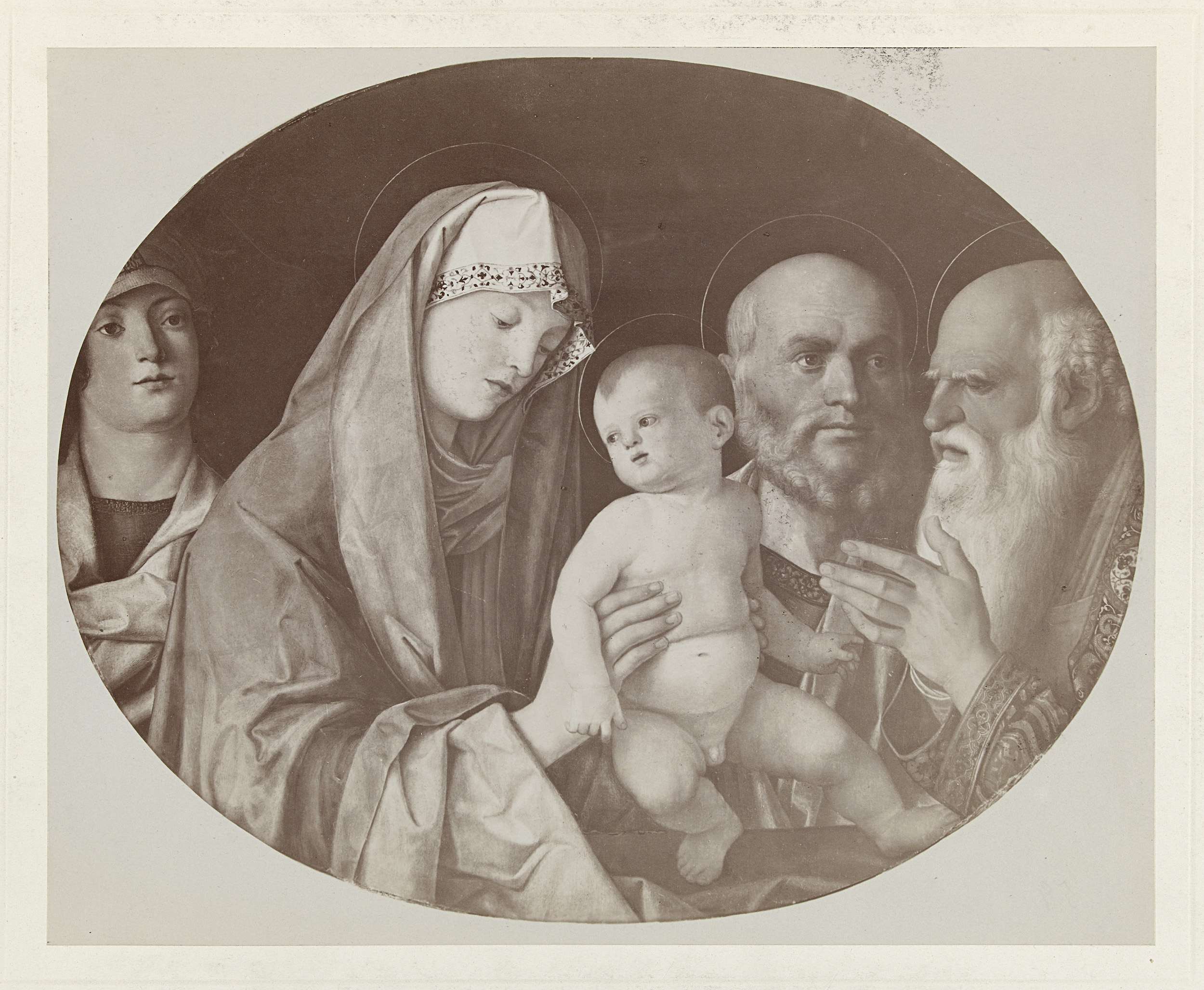 albumen print by Josef Löwy depicting Christ, Mary, two kings, and a shepherd.