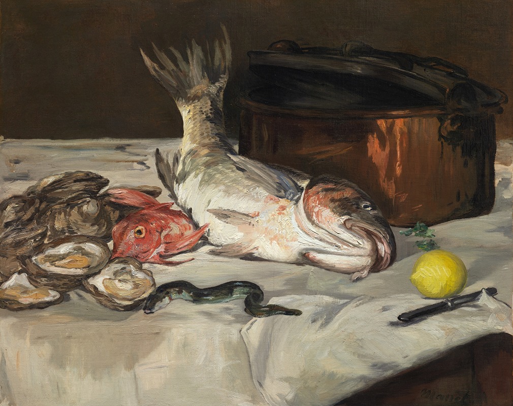 Still life of fish on a table, oil on canvas by Édouard Manet