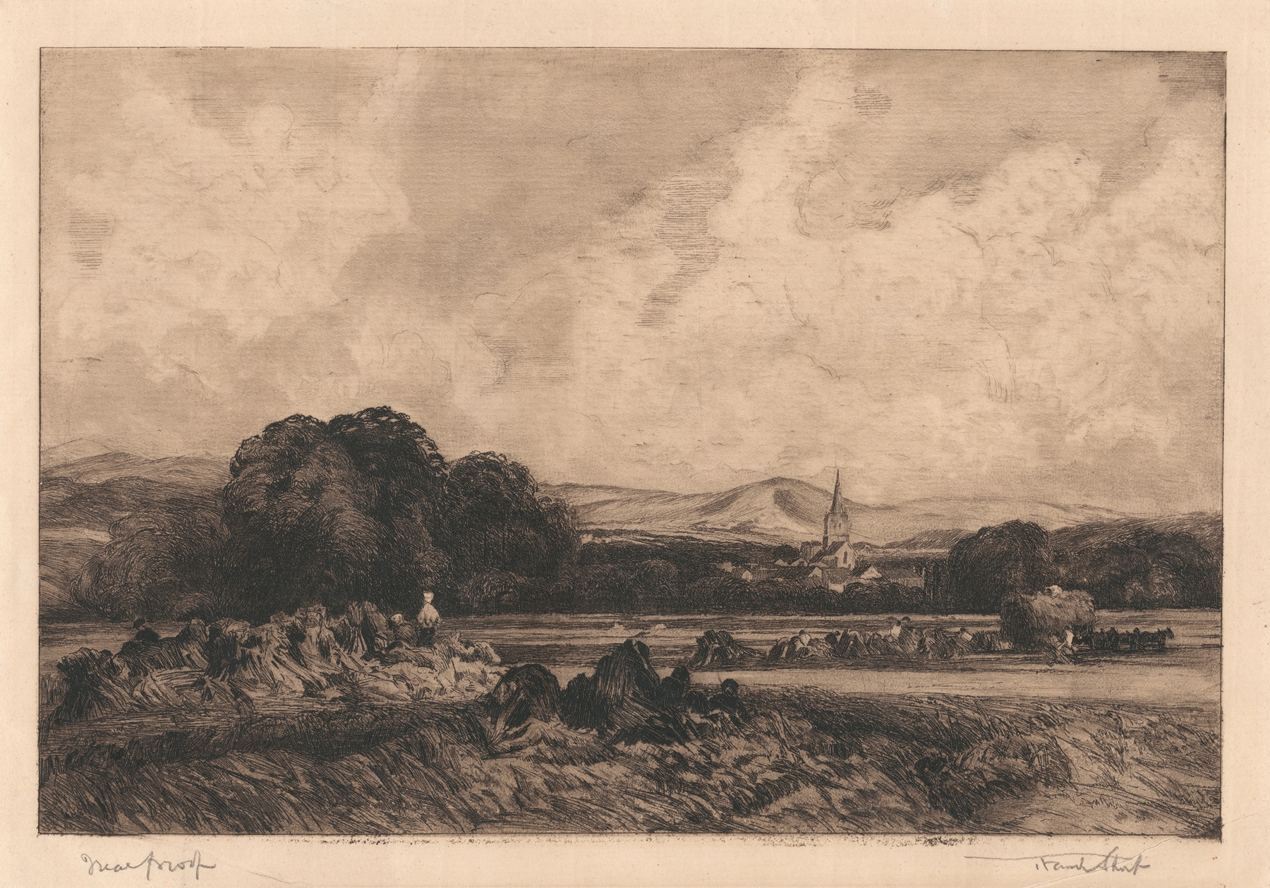 Cornfield Ivinghoe by Sir Frank Short, oil painting depicting a golden cornfield at sunset.
