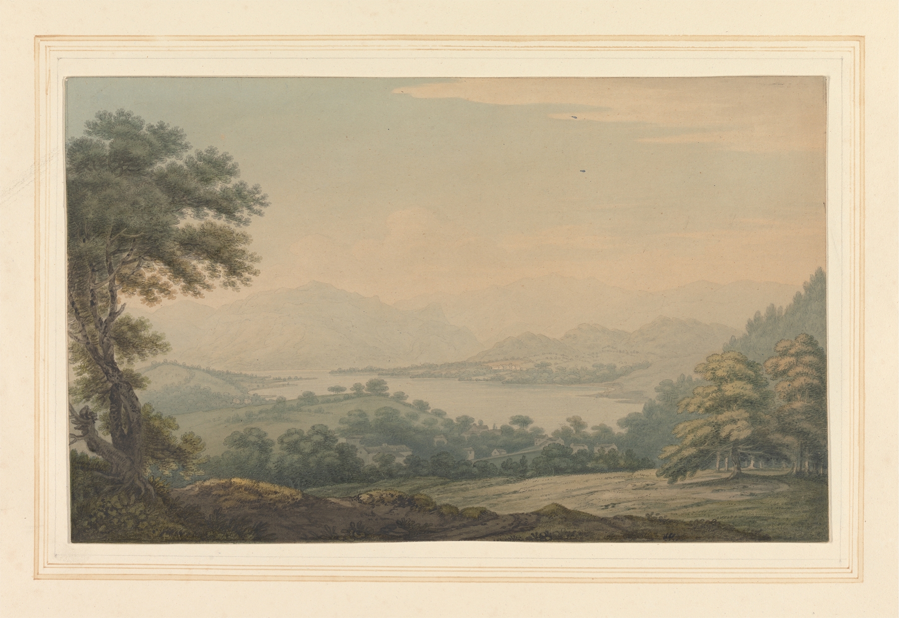 Lower End of Ullswater, oil on canvas by Joseph Farington depicting a tranquil lake and lush nature.