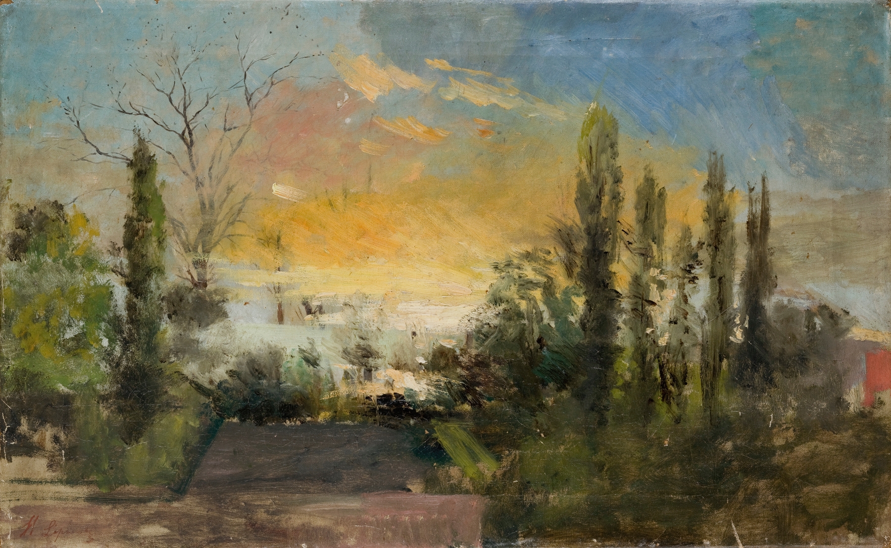Landscape from Rabka, oil on canvas by Hipolit Lipiński, depicting lush hills and earthy tones.