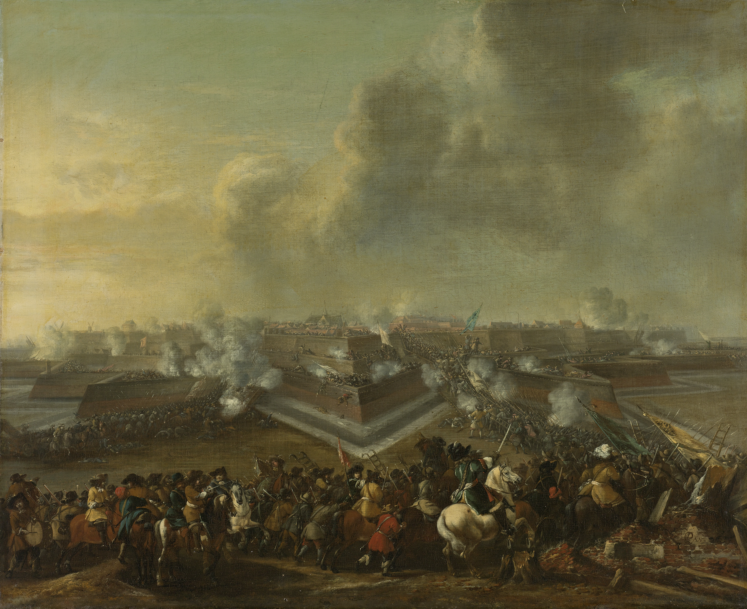 Historical oil painting by Pieter Wouwerman depicting a battle scene with soldiers.