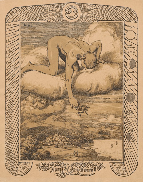A serene figure representing June surrounded by lush greenery and flowers.